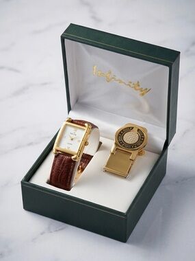 NFINITY Gold-Tone Square Case Watch with Brown Leather Strap and Gold Clip